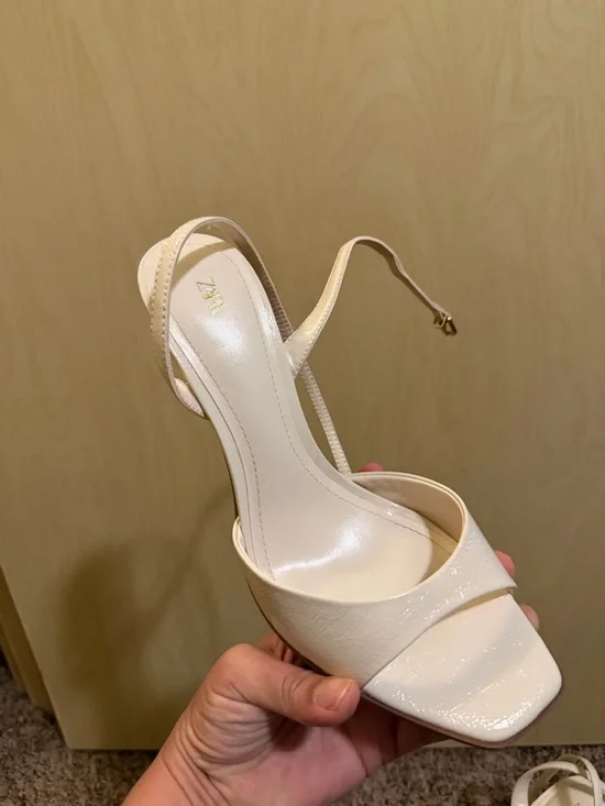 Zara Cream Patent Square-Toe Slingback Heels - Picture 2 of 3